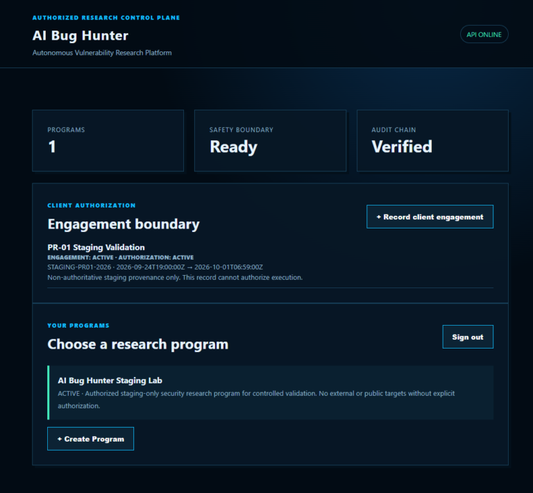AI Bug Hunter - Autonomous Vulnerability Research Platform, user interface